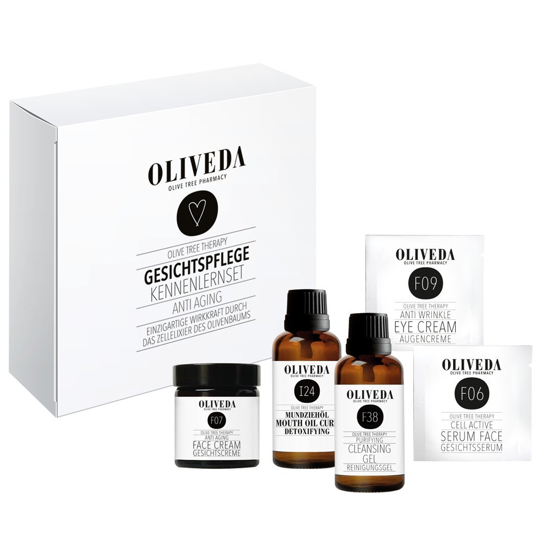 Oliveda Gesichtspflege Kennenlern-Set - Naturkosmetik mit Gesichtsserum, Gesichtscreme, Augencreme, Reinigungsgel und Mundziehöl