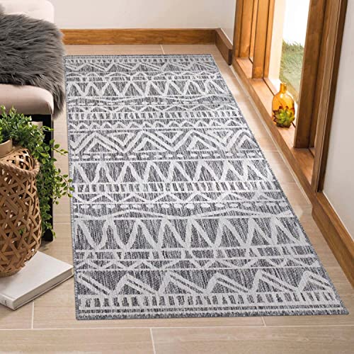 carpet city Teppich Outdoor Wetterfest - Grau - 80x250 cm Läufer - Ethno-Look - Balkon Teppich Wasserabweisend - In-& Outdoor Teppiche für Terrasse, Garten, Küche, Bad oder Wohnzimmer