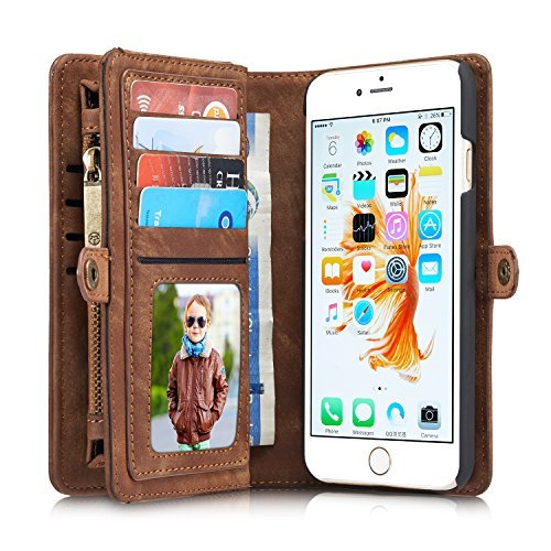 iPhone 6/6s 4,7"Case Hülle Geldbörse mit Kartenfächer,Braun, Geldscheinfach mit Reißverschluss Premium abnehmbar Magnet Handy Schutzhülle