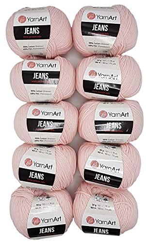 10 x 50g Strickwolle YarnArt Jeans einfarbig mit 55% Baumwolle, 500 Gramm Wolle uni (rosa 74)