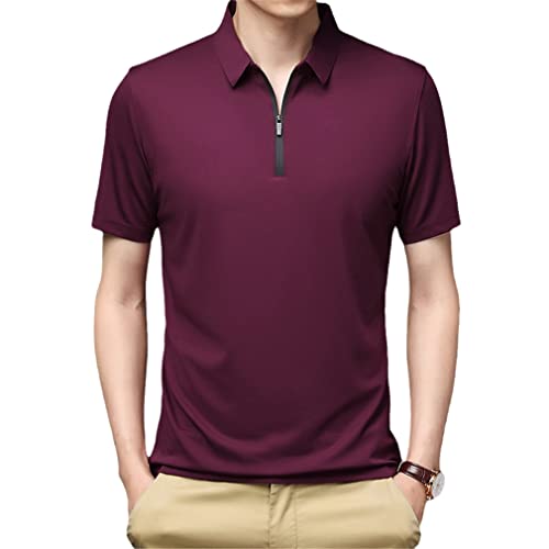 GYSAFJ Herren-Poloshirt, einfarbig, kurzärmelig, Eisseide, Revers, Reißverschluss, Golf, Polo-Shirt, weinrot, L