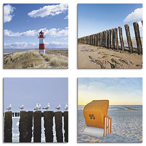 Artland Leinwandbilder auf Holz Wandbild Bild Set 4 teilig je 30x30 cm Quadratisch Landschaft Strand Blau Leuchtturm Sylt Vogel Möve Strandkorb K2YI