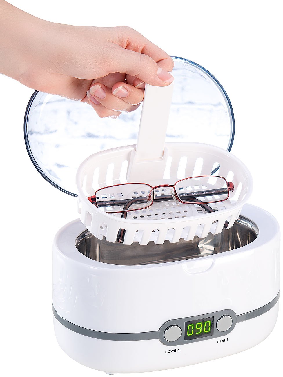newgen medicals Ultraschall Reinigung: Digital-Ultraschallreiniger, Einlegekorb, für Brillen & Schmuck, 50 W (Ultraschallreinigungsgerät, Ultraschallgerät, Reinigungsgerät Brille)