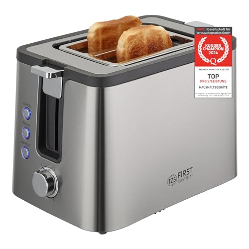 TZS First Austria Toaster | Edelstahl | 2-Scheiben | 6 Bräunungsstufen | Auftau- und Aufwärmfunktion | integrierter Brötchenwärmer | Krümelfach