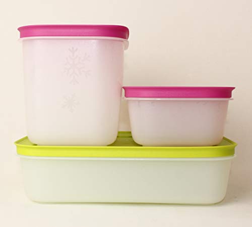 TW TUPPERWARE Eiskristall Gefrier-Behälter 1x 1,0L Grün + 1x 1,1L Pink + 1x 450ml Pink + Mini Trichter Lila