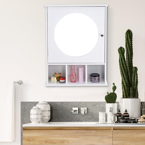 Badezimmerschrank, Medizinschrank, Wandschrank mit höhenverstellbarer Regalebene, Badschrank mit Tür und Spiegel, 40 x 16 x 56 cm, Holz, weiß