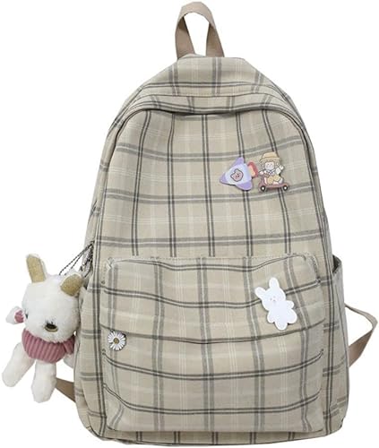 Light Academia Aesthetic Backpack,Plaid Preppy Backpack with Pins and Plushies,Checkered Bookbags,Back to School Supplies for Teens. (Beige)