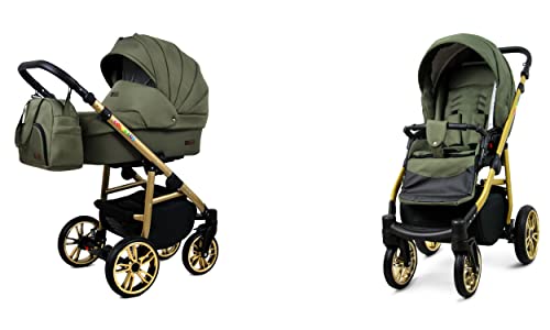 BabyLux Color Lux 2-in-1 Baby Kinderwagen Tief und Kinderwagen mit Zubehör Verstellbar und faltbar Aluminiumkonstruktion Wasserdichte Nicht abnehmbare Räder Olive Gold Frame