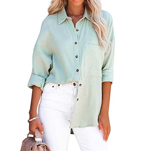 HMLOPX Modische Schönheit Damen Blusen Mode Langarm Button-Down-Shirts Lässige V-Ausschnitt Schulter Drop Tops (Color : Lake Green, Size : S-Small)