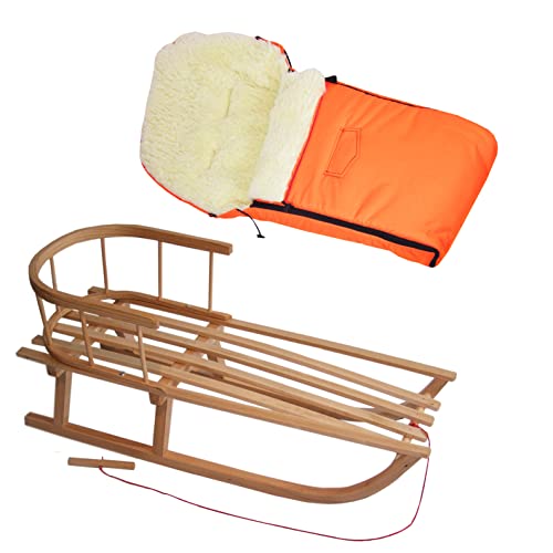 Kombi-Angebot Holz-Schlitten mit Rückenlehne & Zugseil + universaler Winterfußsack (90cm), auch geeignet für Babyschale, Kinderwagen, Buggy, Lammwolle Uni (orange + Schlitten)