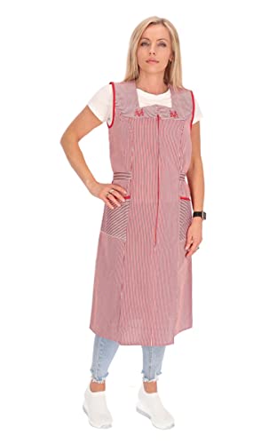 Reißverschluss Kittel gestreift Hauskleid Baumwolle Schürze Kochschürze, Farbe:rot, Größe:54
