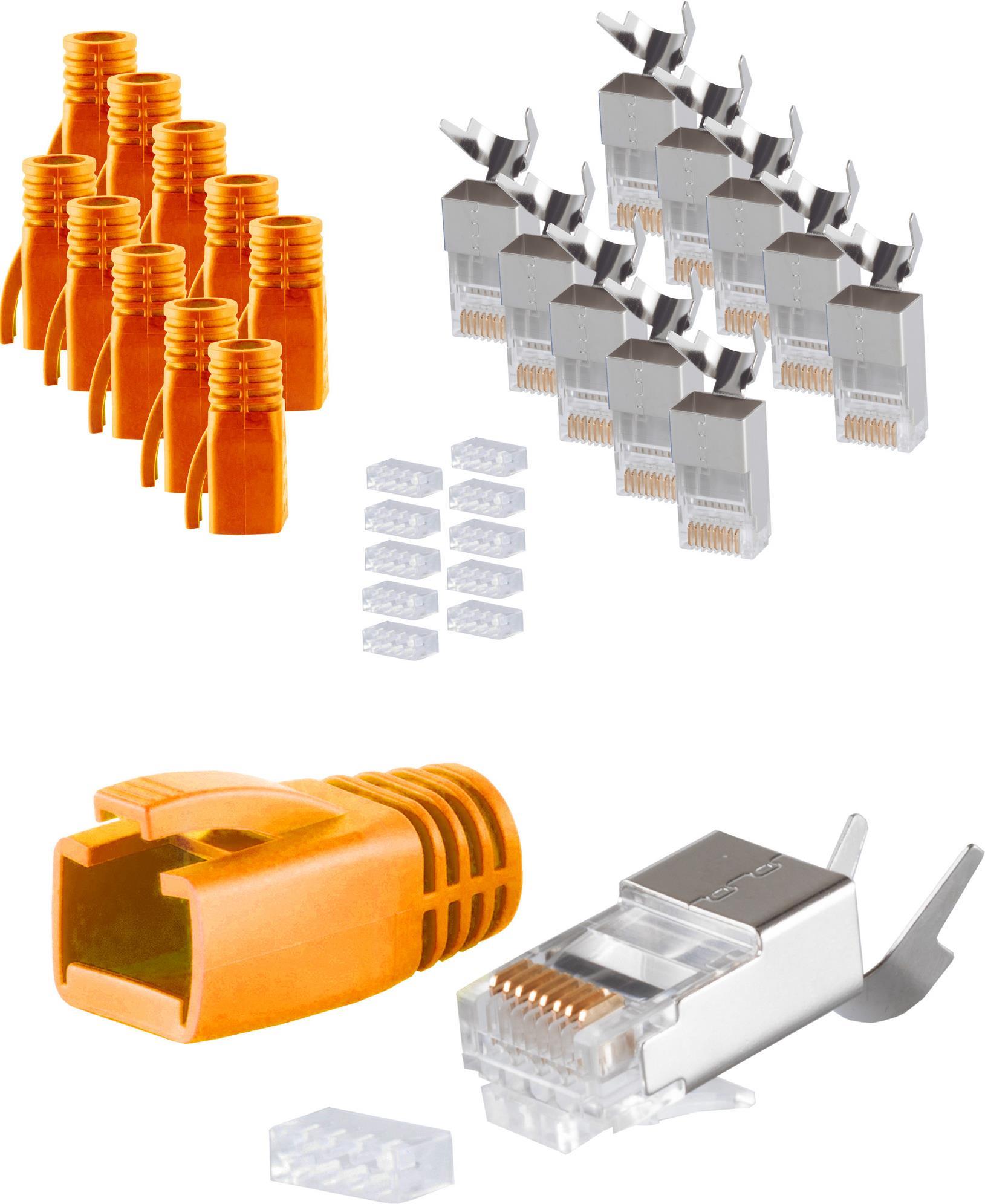 S/CONN maximum connectivity Netzwerk Modular Stecker RJ45 SET für Verlegekabel bis AWG 23, Stecker mit Zugentlastung, Einführhilfe und Tülle, Orange VE 10 (72067-10O)