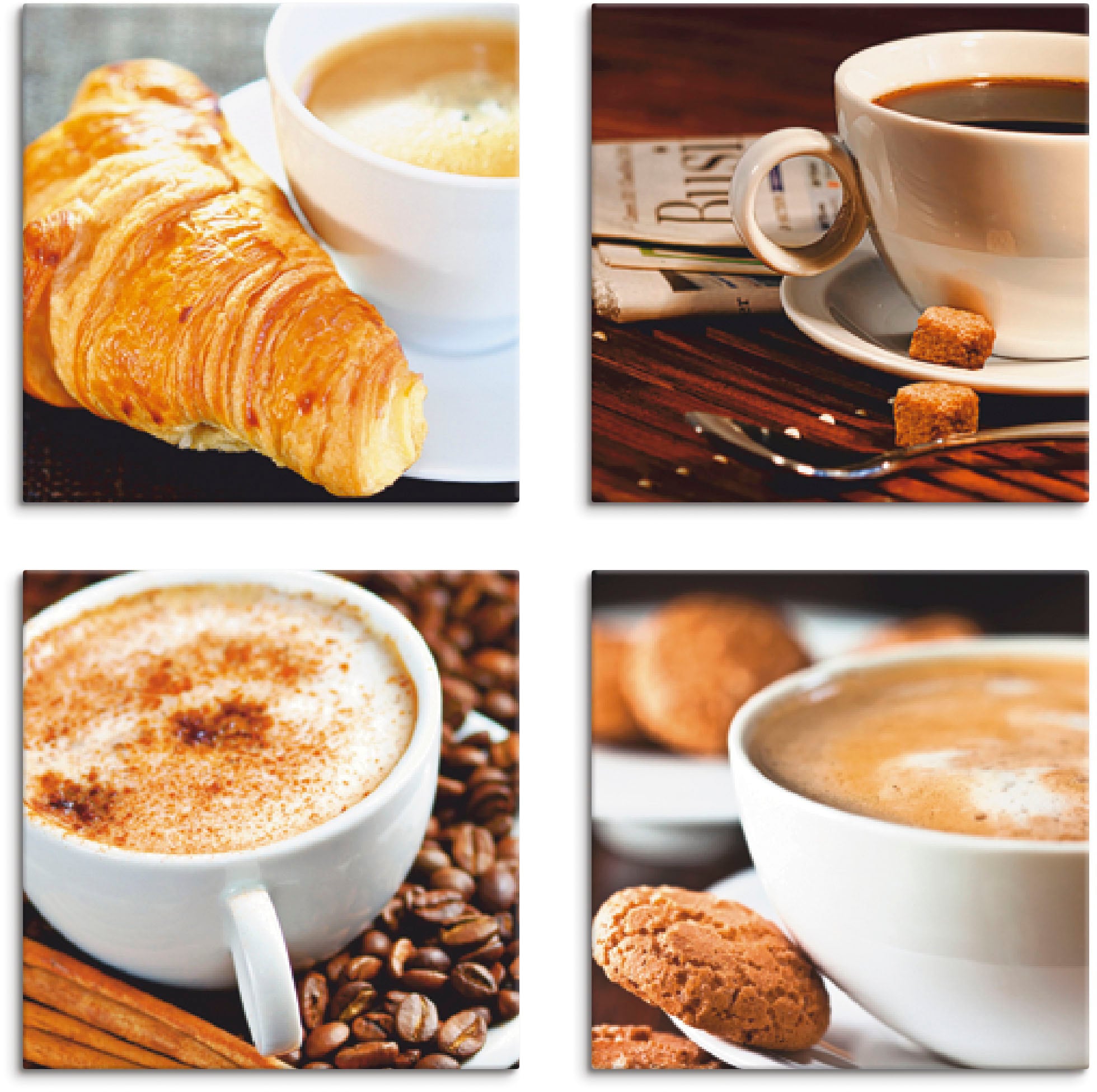 Artland Leinwandbild "Kaffeetassen und Zeitung, Milchkaffee", Getränke, (4 St.), 4er Set, verschiedene Größen