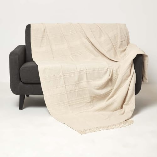HOMESCAPES Kashi XXL-Tagesdecke Creme 255x360 cm, Baumwolldecke mit Fransen, Überwurf für Sofa oder Bett