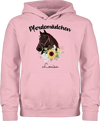 Reiten Zubehör Pferde Geschenk - Pferdemädchen - Pferdekopf mit Blumen und Name - 152 (12/13 Jahre) - Hellrosa - Pullover mit Pferdekopf - JH001K JH001J Just Hoods Kids Hoodie - Hoodie Kinder