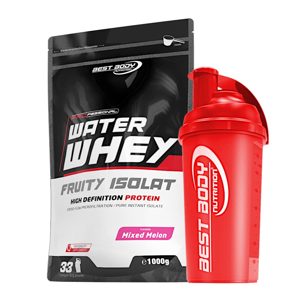 1 kg Best Body Nutrition Water Whey Fruity Isolate Molkenprotein + Protein Shaker (Mixed Melon (Shaker rot))