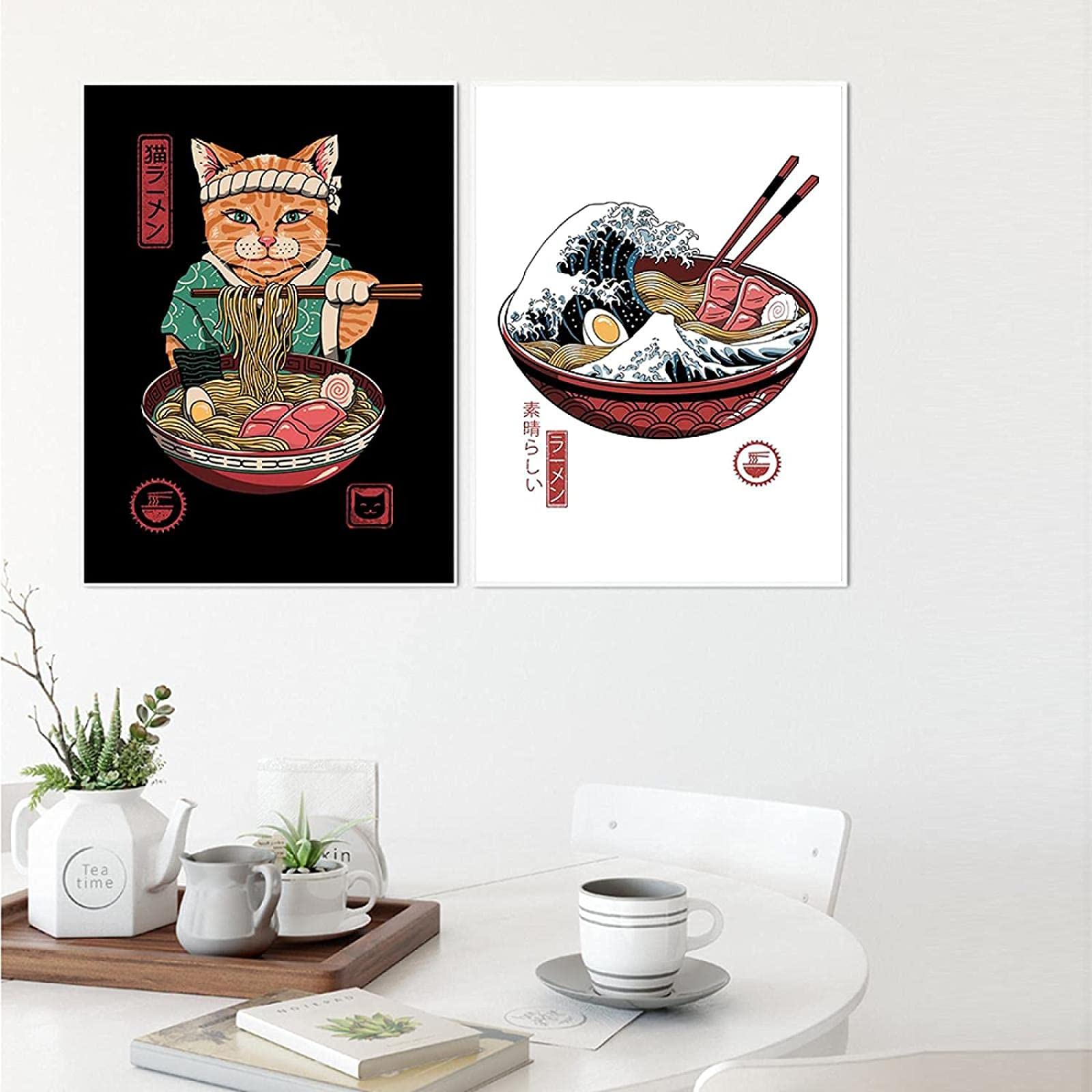 SXXRZA Bild Poster 2 Stück 40x60cm ungerahmt japanische Samurai Katze Poster Nudeln Ramen Welle abstrakte Aquarell Kinderzimmer Wanddekoration