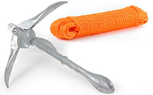 wellenshop Klapp-Anker 3,2 kg + Ankerleine 30 m Ø 8 mm Schwimmfähig Kunststoff Polyethylen PE Orange Faltklappanker Faltanker Stahl Verzinkt