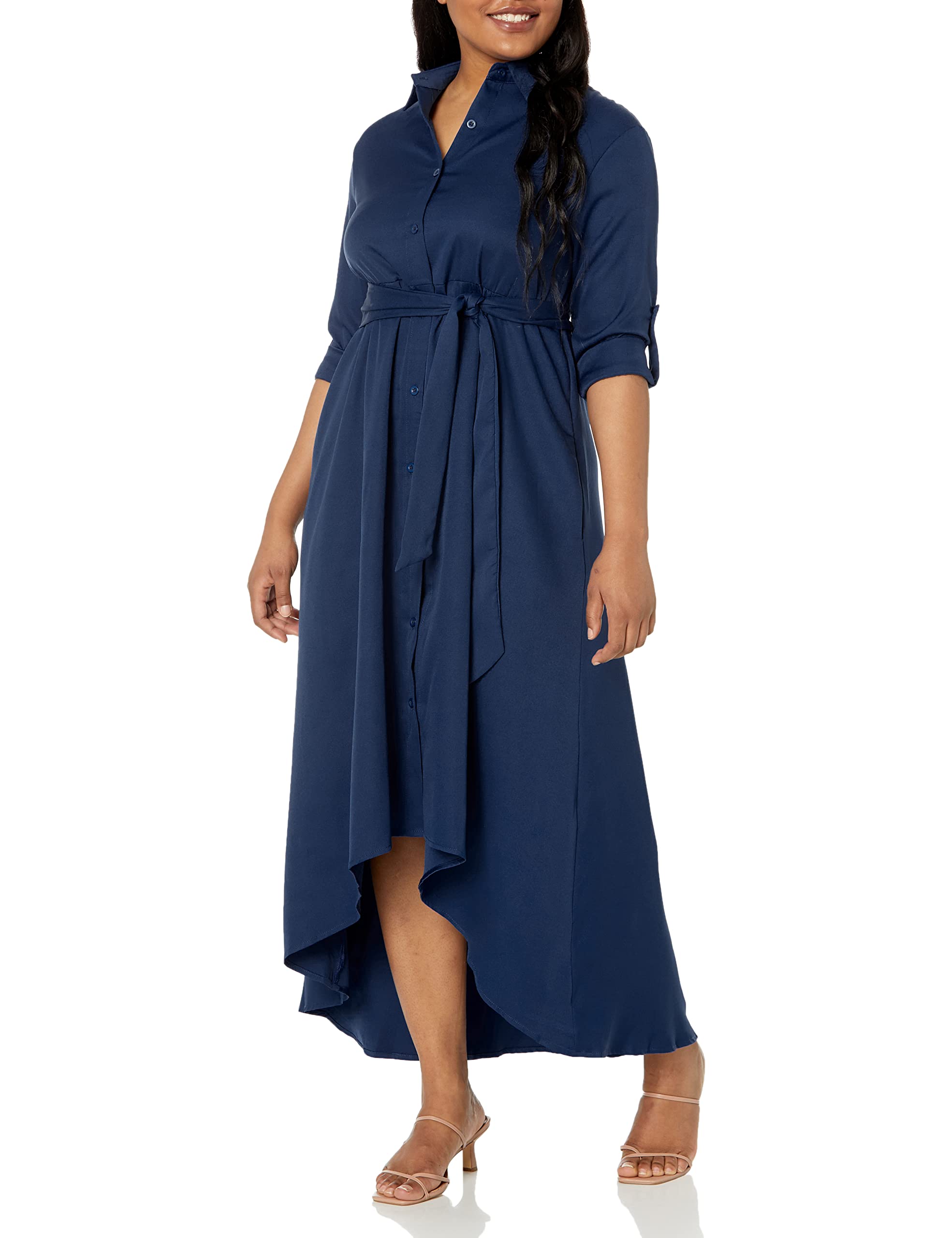 VERWIN Damen-Maxikleid, langaermelig, locker, elegant, Knopfleiste, Hemd, langes Kleid mit Taschen und Guertel Blau L