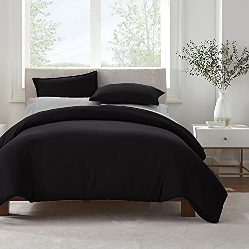 Serta Simply Clean Ultra Soft Hypoallergenic Stain Resistant 3 Piece Solid Duvet Cover Set, Black, Full/Queen