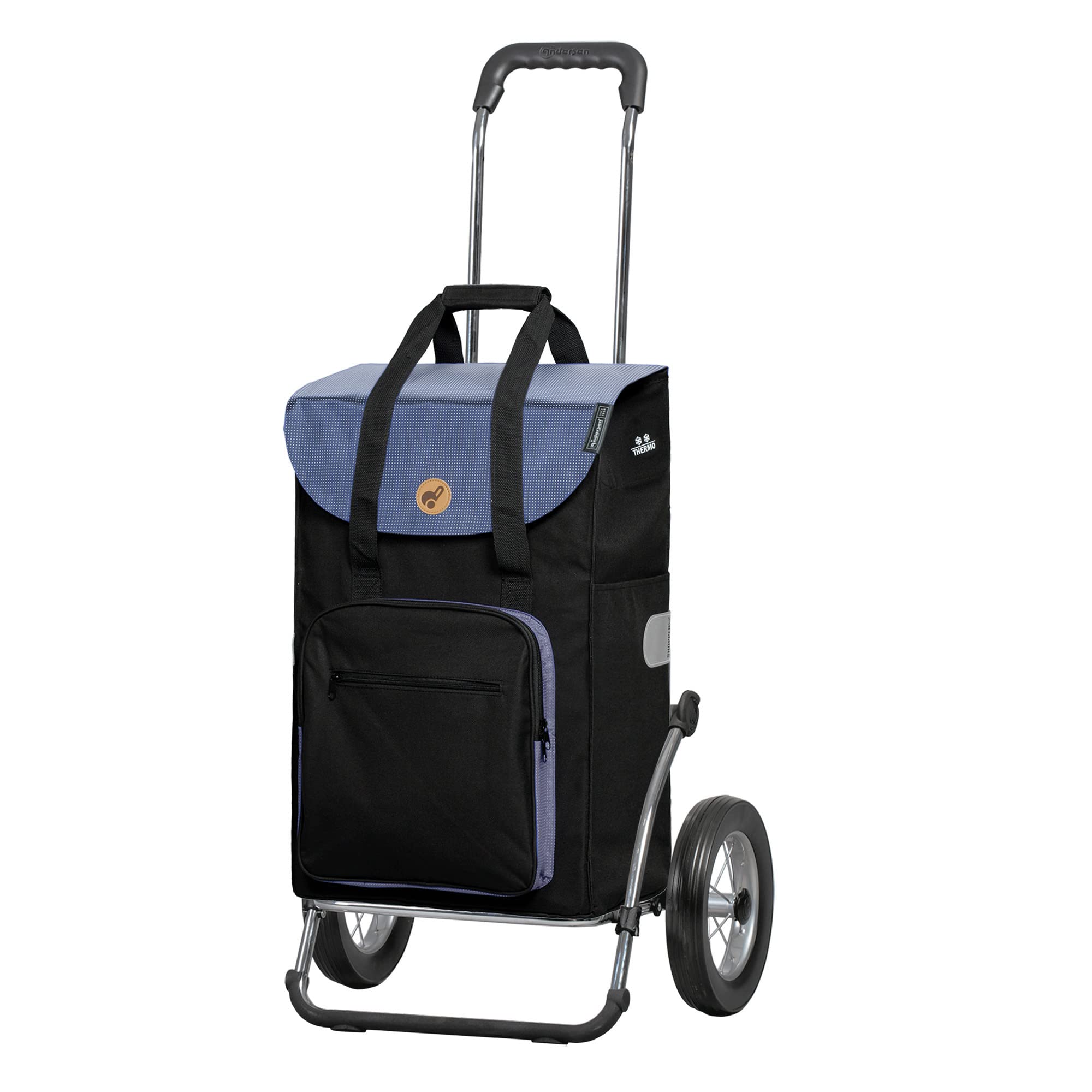 Exklusiv Andersen Einkaufstrolley - Royal Shopper Stahlgestell Wismar schwarz/blau 45 L - klappbar - belastbar bis 60 kg - Metallspeichenrad Ø 25 cm - Thermofach