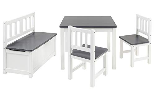BOMI Kindermöbel Tisch und Stühle | Kindertruhenbank aus Kiefer Massiv Holz für Kleinkinder, Mädchen und Jungen Anthrazit