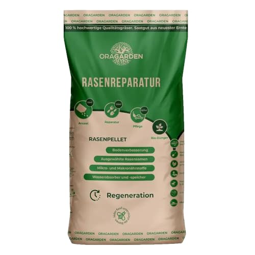 Neu OraGarden Rasenpellets Regenerationsrasen für Schnellkeimenden – Rasensamen für Robusten und Widerstandsfähigen Rasen (10 kg)