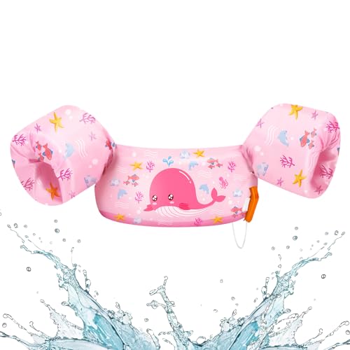 HeySplash Kinder Schwimmflügel, Cartoon Design 2-6 Jahre Kinder Schwimmreifen Sicher Kein Aufblasen Schwimmgürtel mit Sicherheitsverschluss für Jungen und Mädchen Schwimmtrainer, Rosa Wal