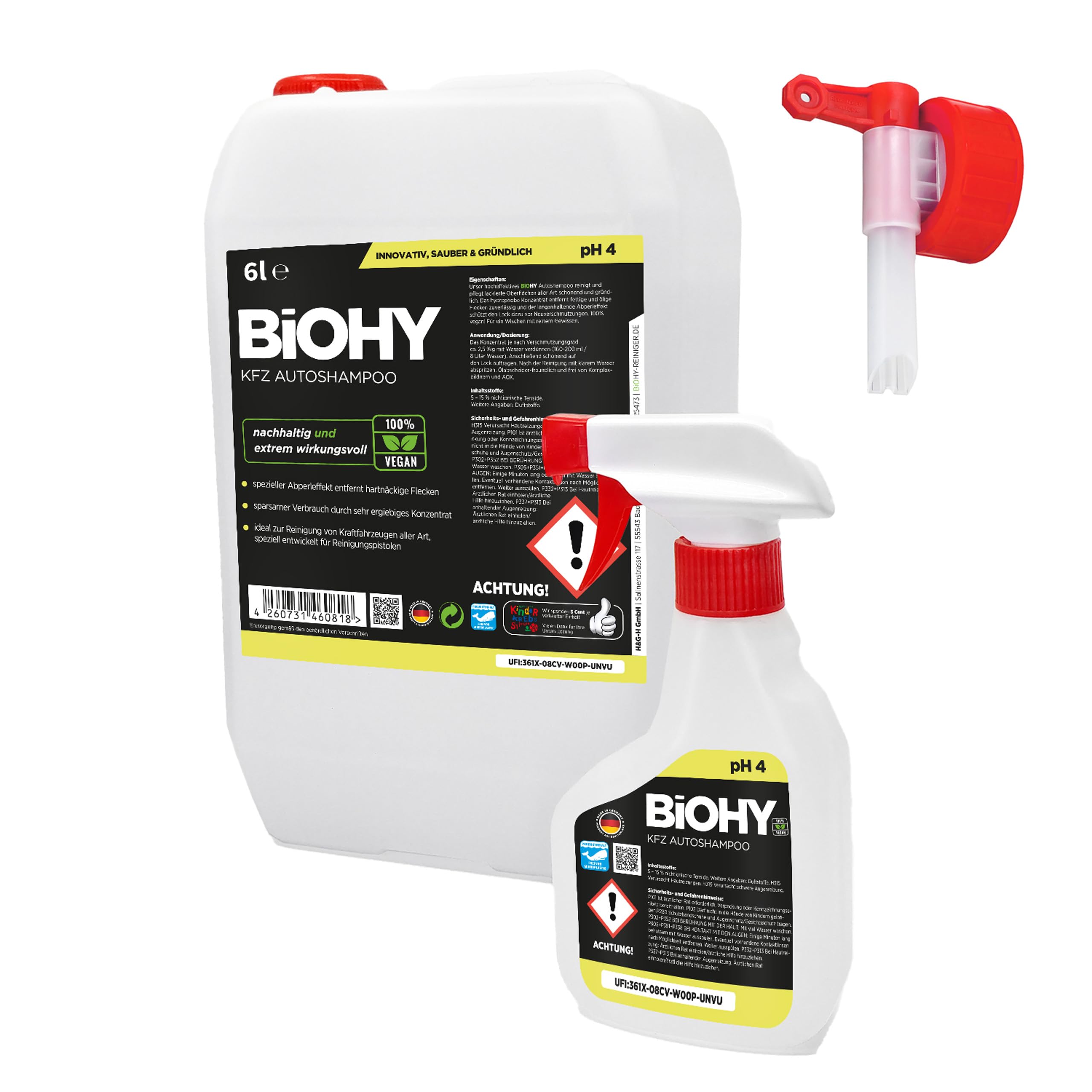BIOHY KFZ Autoshampoo (6 Liter Kanister) + Sprühflasche & Auslaufhahn | Bio Autoreiniger schützt Lack vor Schmutz von Außen | biologisch abbaubares Reinigungsmittel | für Hochdruckreiniger geeignet