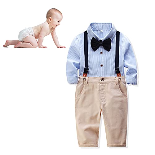 Baby Boy Gentleman Outfits Anzüge Streifenhemd Hosenträger Hosen Fliege Anzug Set für Party oder Alltag(Hellblau 90cm)