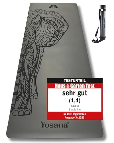 Yosana Yogamatte rutschfest aus Naturkautschuk - Yoga Matte mit Ultra Grip Oberfläche zur besseren Haftung - 4mm dicke Gymnastikmatte - Fitnessmatte - 183 x 68 cm (Grau Elefant mit Tragegurt)