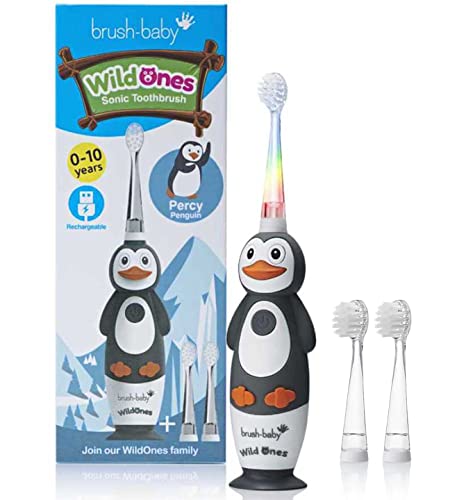 Brush-Baby WildOnes Kinder Elektrische Wiederaufladbare Zahnbürste,1 Griff, 3 Bürstenköpfe, USB-Ladekabel, für Alter 0-10 (Pengiun)