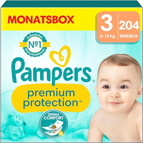 Pampers Premium Protection Größe 3, 204 Windeln, 6kg - 10kg, Komfort und Schutz von Pampers für empfindliche Haut
