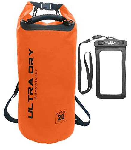 Premium Wasserdichte Tasche, Sack mit Handy-Trockentasche und langem, verstellbarem Schultergurt, ideal für Kajakfahren/ Bootfahren/ Kanufahren / Rafting / Schwimmen / Camping (Orange, 30 Liter)