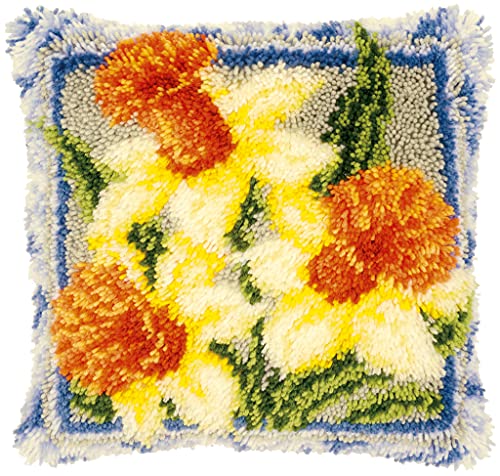 Vervaco Knüpfkissen Narzissen Knüpfpackung, Baumwolle, Mehrfarbig, 40 x 40 x 1 cm