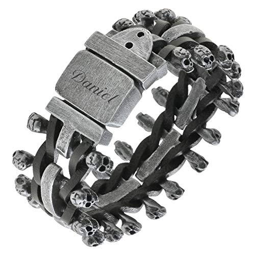 Schmuck-Pur Breites Herren Rocker Armband XXL Totenkopf mit Laser-Gravur Edelstahl Leder 20/20,5/21 cm Innenumfang