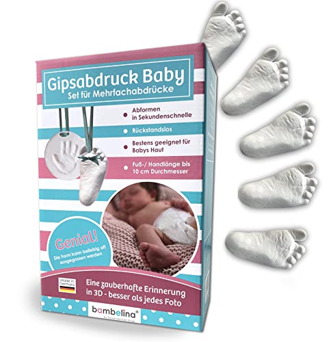bambelina® Gipsabdruck-Set Säugling/Baby für Mehrfachabdrücke, bis zu 10 St. Fußabdruck oder bis zu 8 St. Handabduck (Babyhand und Fuß bis 10cm Länge), Deutsche Herstellung