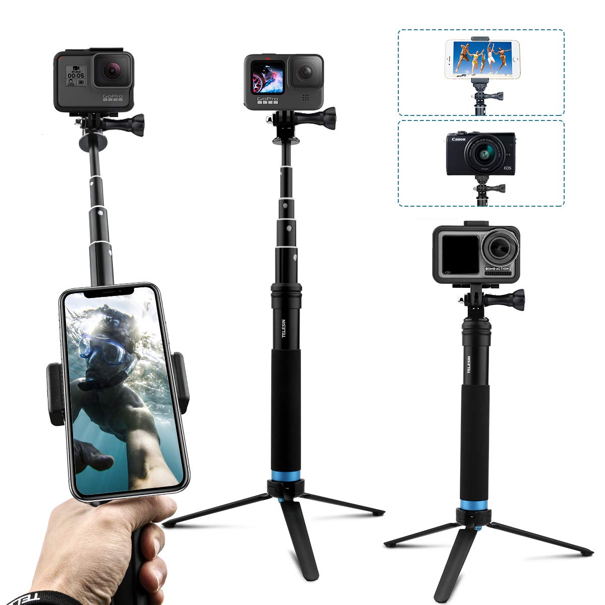 AuyKoo Pole Ausziehbar Selfie Stick, Handheld Wasserdicht Teleskop Stange, Reisen Einbeinstativ Stativ Halterung Ständer für Fusion Hero7 Black Hero 5 6 7 8 9 10 11 12 Black Kameras