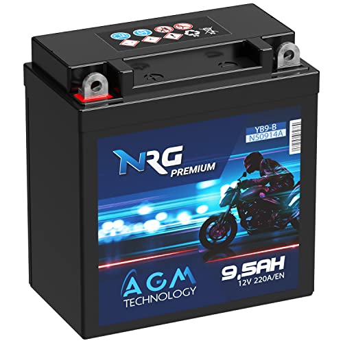 NRG Premium YB9-B AGM Motorradbatterie 9,5Ah 12V 220A/EN Batterie 50914 YB9-BS CB9-B GM9Z 12N9-4B-1 auslaufsicher wartungsfrei ersetzt 9Ah 8Ah
