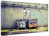 Banksy Bilder Leinwand Life is Short Graffiti Street Art Leinwandbild Fertig Auf Keilrahmen Kunstdrucke Wohnzimmer Wanddekoration Deko XXL (60x100cm(23.6x39.4inch))