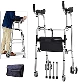 Aufrechter Gehhilfe für Behinderte/ältere Menschen mit Unterarmstütze, Bremsen und Sitz, faltbarer Aluminium-Rollator/mobile Rollgehhilfe, Tragkraft 150 kg