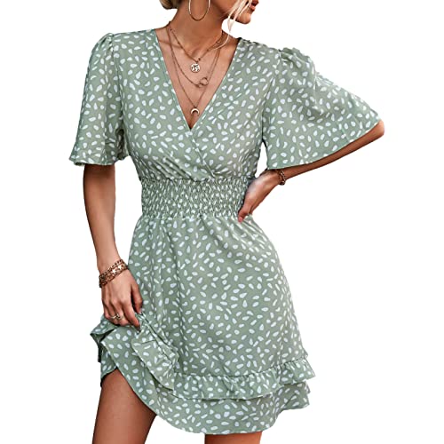 Einteiliges Damen Cocktailkleid V Ausschnitt mit Blumendruck Kurze Rüschenärmel A Linie Tea Party Sommerkleid(M-Grün)
