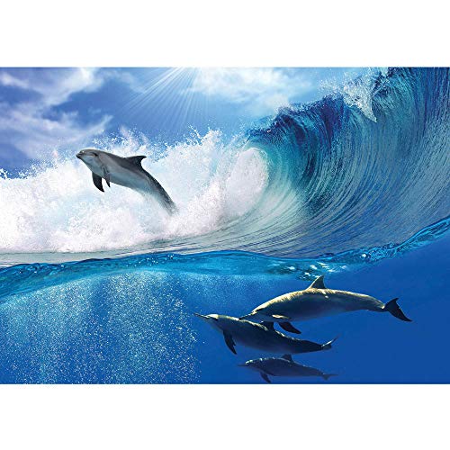 Vlies Fototapete 200x140 cm PREMIUM PLUS Wand Foto Tapete Wand Bild Vliestapete - Meer Tapete Delfin Meer Welle Tropfen Sonne Wasser blau - no. 531