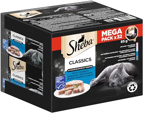 Sheba Classics in Pastete- Feinstes Katzennassfutter in der Schale - Fisch Variation (MSC) mit Lachs, Weißfisch, Thunfisch und Kabeljau - 32 x 85g
