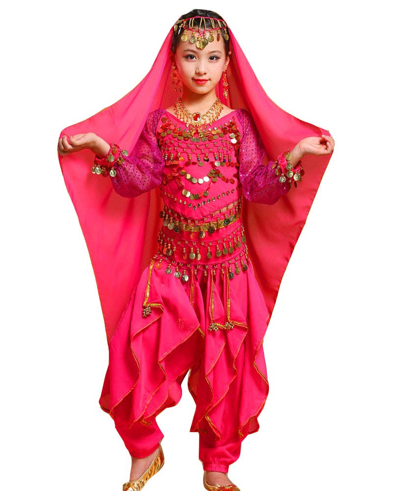 Guiran Kinder Mädchens Damen Faschings-Kostüm Indische Bauchtänzerin Kostüme Rose XL Höhengeeignet 131-140CM