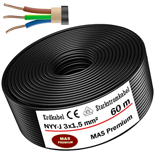 MAS-Premium® Erdkabel Deutscher Marken-Elektrokabel Ring zur Verlegung im Erd- und Außenbereich Standard Starkstromkabel Made in Germany (NYY-J 3x1,5 mm², 60m)