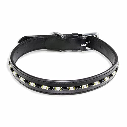 Monkimau Halsband Hund echt Leder Hunde Halsbänder schwarz mit Swarovski Kristallen Lederhalsband verstellbar Dog Collar Hundehalsband (L: 25mm x 65cm)