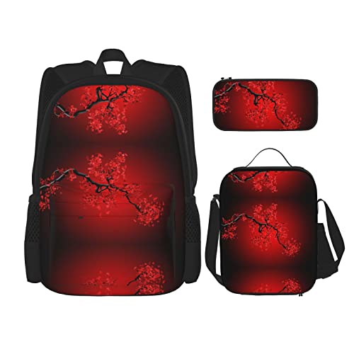 Lawenp Red Flower Schoolbag Set von DREI Cross Lunch Bag Pencil Bag Set Jungen und Mädchen Schulranzen