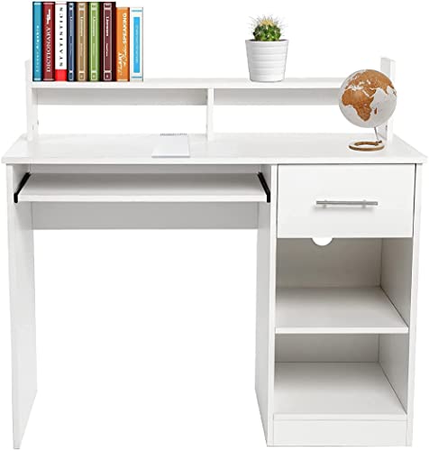 Computertisch mit Schublade und offenen Regalen, Tastaturablage, großer Stauraum für Home Office, Arbeitszimmer, Schreibtisch, moderner Holztisch, Weiß