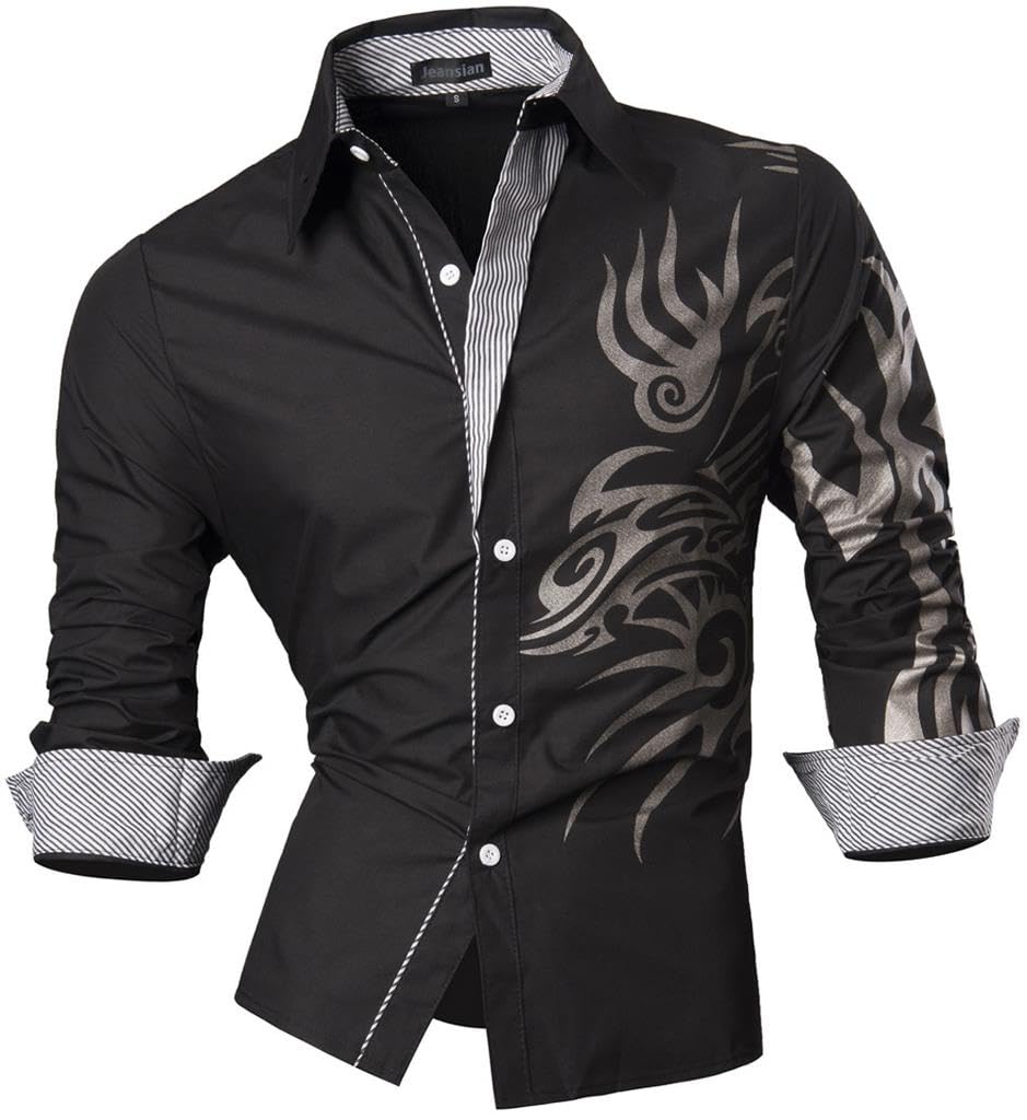 jeansian Herren Freizeit Hemden Shirt Tops Mode Langarmlig Men's Casual Dress Slim Fit Z001 Black M